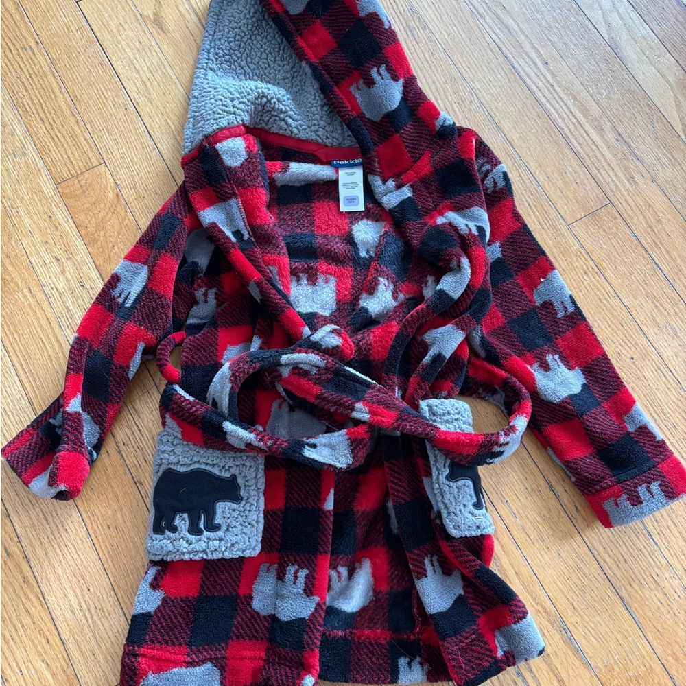 Cozy Red Plaid Hooded Robe with Bear Design